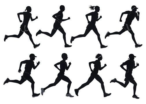 Silhouettes of eight runners in motion against a black background showcasing speed and determination in sport