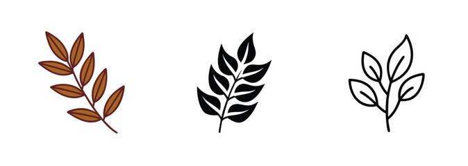 Three Leaf Branch Variations Brown, Black, Outline vector arts