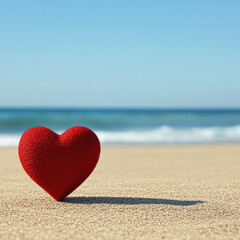 Fototapeta premium A red heart-shaped stone on a sandy beach with a calm ocean in the background.