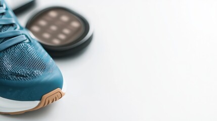 A close-up shot shows a teal running shoe next to a small fitness tracker on a white background providing ample copy space for text or design elements.