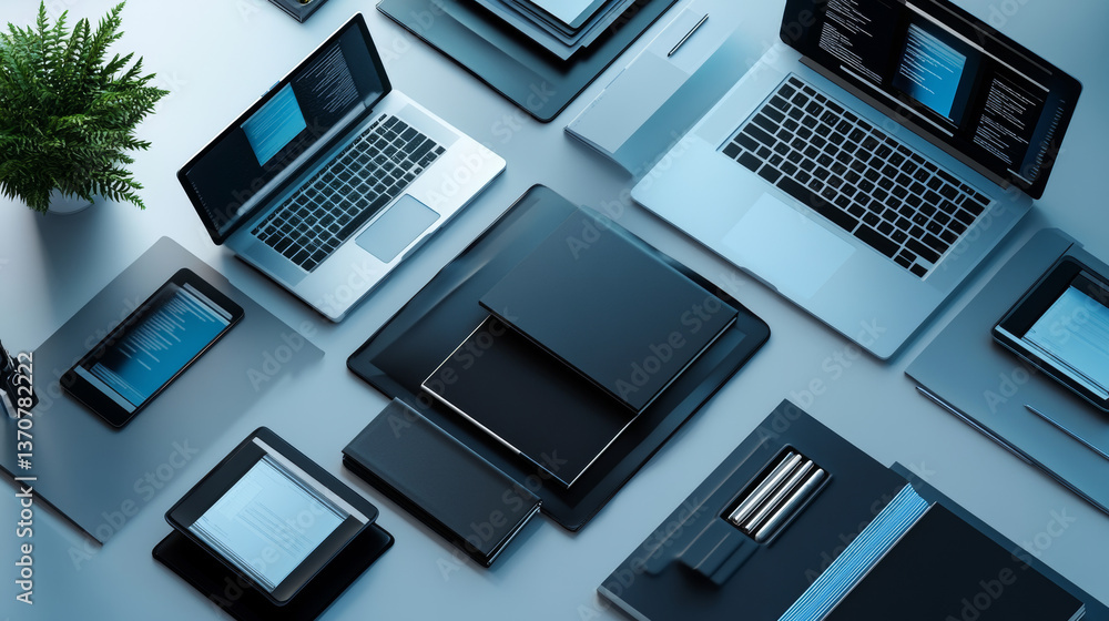 Poster file transfer. two laptops with folders on screen and transferred documents. copy files, data exchan