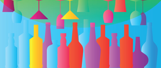 Set of bottles elite alcohol, party, poster for bar. Vector design of bottle of wine, premium whiskey, outline drawing, gradient
