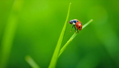 Fototapeta premium A macro photograph captures a ladybug perched on a blade of grass, set against a backdrop of lush greenery