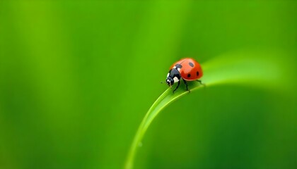 Fototapeta premium A macro photograph captures a ladybug perched on a blade of grass, set against a backdrop of lush greenery