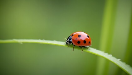 A macro photograph captures a ladybug perched on a blade of grass, set against a backdrop of lush greenery
