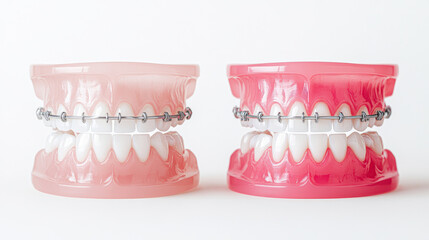 Dental models showcasing braces in pink and red colors for orthodontic demonstration.
