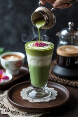 Fototapeta premium Pouring Matcha Latte Into Glass with Milk and Coffee Setting
