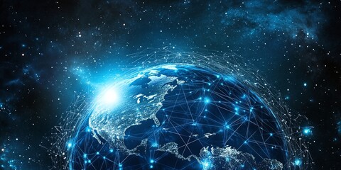 Obraz premium Global Connection: A captivating vision of the globe, intertwined with a network of digital connections, set against a canvas of stars, symbolizing the interconnectedness of the world. 