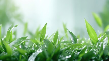 Obraz premium Fresh green leaves, wet with morning dew, soft light