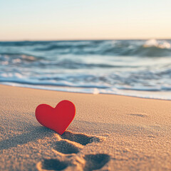 Fototapeta premium A red heart shape sits in the sand by the ocean, symbolizing love and tranquility.
