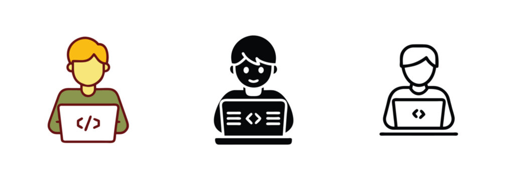 Programmer Coding Laptop Icons Filled, Outline, Color Variations