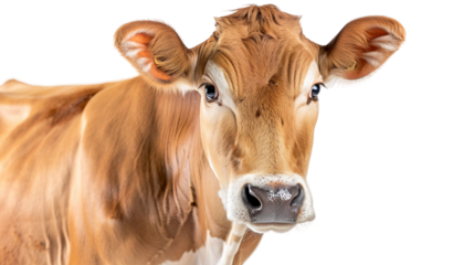 Small to medium-sized fawn-colored Jersey cattle with a white face isolated on transparent background