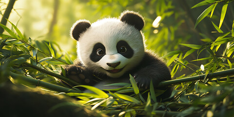 Obraz premium Playful Panda Cub Tumbling Down a Bamboo Hill Background for Cute Wildlife, Forest Adventures, or Fun Animal Art