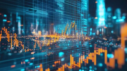 Obraz premium Dynamic digital stock market chart with glowing urban skyline at dusk, blending double exposure effects of financial data visualization and modern cityscape. High-resolution illustration.