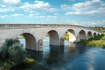 Fototapeta premium Historic stone bridge spans tranquil river under a blue sky with fluffy clouds