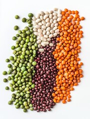 Fototapeta premium Colorful assorted legumes on white background – top view of healthy plant-based protein sources, ideal for nutrition, cooking, and food blogs