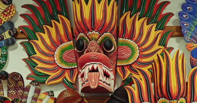 Ceylon Gini Raksha Fire Wooden Mask Sculpture. Sri Lankan Flower Bird Devil - Mal Gurulu Raksha- Mask which shows Garuda and a Serpent and is said to give Power and Fame. Fire Devil mask, Gini Raksha