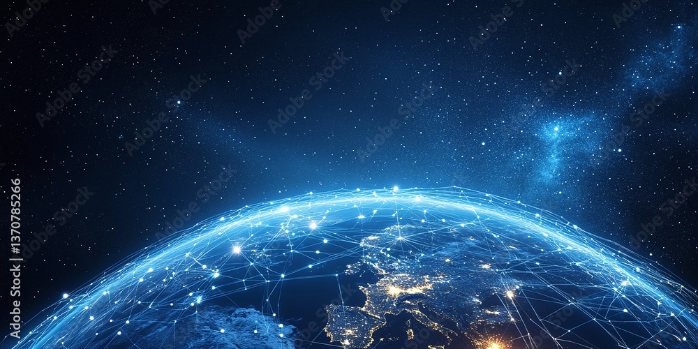 Poster global network: a breathtaking view of earth from space, showcasing a network of lights, symbolizing