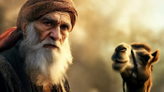 A bearded man with a turban standing next to a camel. Smooth repeating motion for background video animation.