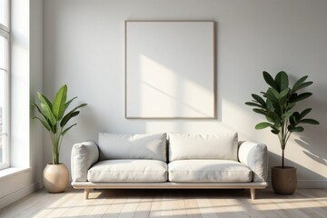 A sunlit minimalist living room features a light gray sofa, two potted plants, and a large blank framed canvas above