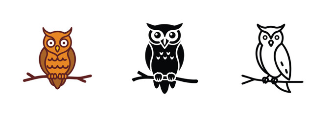 Fototapeta premium Three Owl vector arts Brown, Black, and Outline Styles on Branch