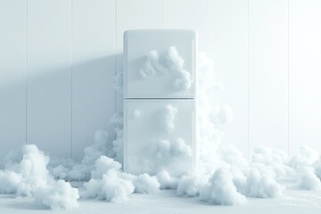 Frozen white refrigerator door with ice and snow in the kitchen,