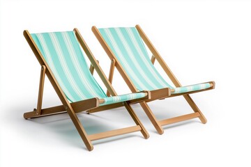 Pair of wooden deck chairs with striped fabric in light blue and white