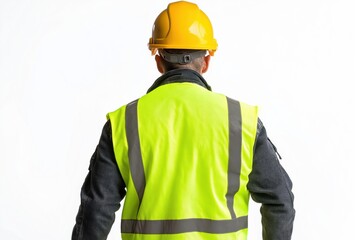 Male construction worker with hard hat and safety vest from behind