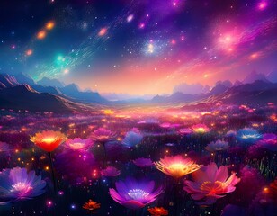 Obraz premium Glowing flowers blooming under a vibrant starry sky