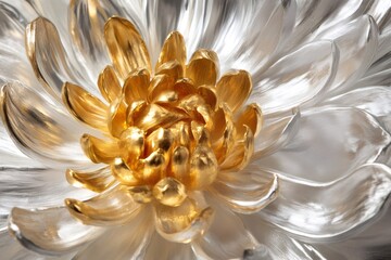 Close up of a chrysanthemum flower, highlighting the contrast between its golden pistils and silver petals