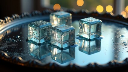 Fresh ice cubes melting on ornate metal tray with scattered crushed ice and water droplets	