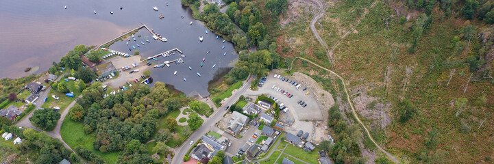 Aerial view of Balmaha Scottish village at Loch Lomond