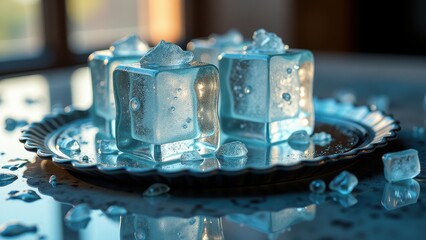 Fresh ice cubes melting on ornate metal tray with scattered crushed ice and water droplets	