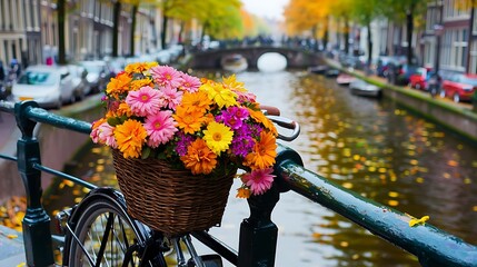 Colorful flowers in a basket on a bicycle on a canal bridge. Autumn leaves and canal in the background