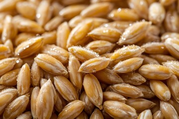Macro shot of wheat grains glistening with morning dew, showcasing the beauty and freshness of nature's harvest