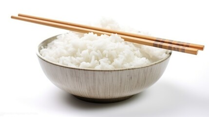 Steamed White Rice on Wooden Plate with Chopsticks