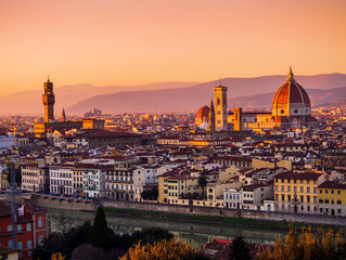 Fototapeta premium Italy, impressive skyline of Florence from Michelangelo Hill with Palazzo Vecchio, Cathedral of Saint Mary of the Flower and Giotto's bell tower
