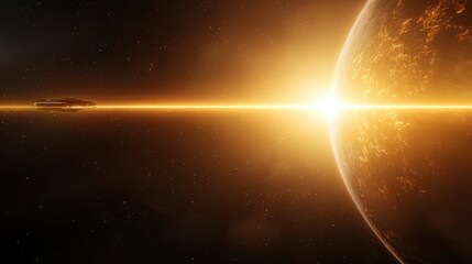 Fototapeta premium A stunning cosmic scene depicting a spaceship near a glowing planet, with a vibrant sunrise illuminating the vastness of space.