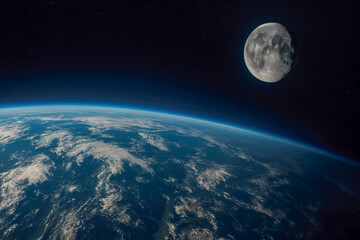 Fototapeta premium View of Earth and the moon from space, showcasing the Earth's atmosphere and clouds with the moon visible in the distance.