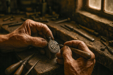 Close-up of artisan hands engraving a metal piece in a rustic workshop setting, showcasing craftsmanship.