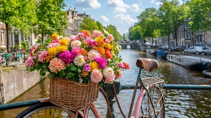 Charming canal-side bike adorned with vibrant flowers