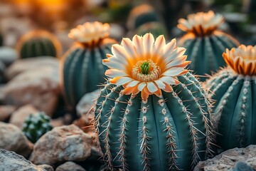 A garden of cacti, where each cactus is in a different stage of blooming, symbolizing endurance and resilience