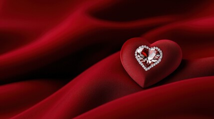 Luxurious red satin heart shaped jewelry box on rich velvet background symbol of love romance and special occasion