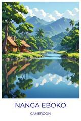 Nanga eboko Cameroon Travel Poster Flat Illustration Print Decor Gift Canvas Wall Art Gift