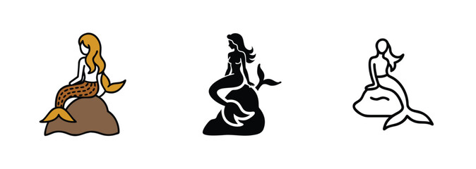 Mermaid vector arts Color, Silhouette, Line Art on Rock