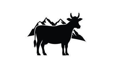 Two alpine cow vector silhouette, two alpine cow vector hand drawn engraving style illustration 