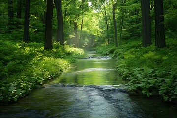 A gentle stream flowing through a lush, green forest, the water clear and sparkling in the dappled sunlight, creating a peaceful and serene natural scene