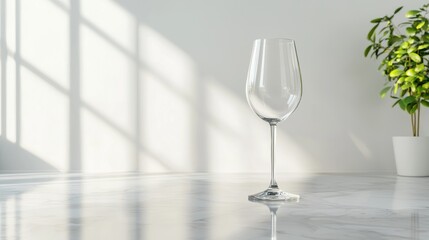 A clear wine glass stands on a marble surface, illuminated by soft sunlight filtering through nearby windows, with a small green plant in the background.