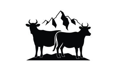 Two alpine cow vector silhouette, two alpine cow vector hand drawn engraving style illustration 