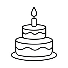 Simple black and white outline of a birthday cake with candle.